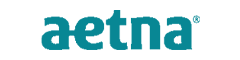A blue aetna logo on a white background