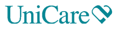 The logo for unicare is blue with a heart in the middle.