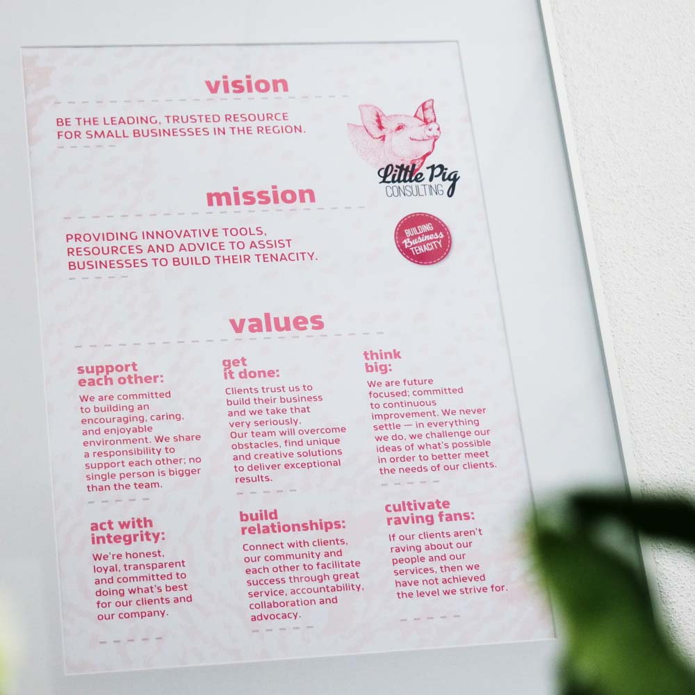 A photo frame with the the little pig consulting vision mission and values on it