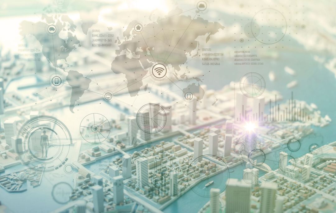 Overlay of a world map and digital interfaces over a detailed miniature city.