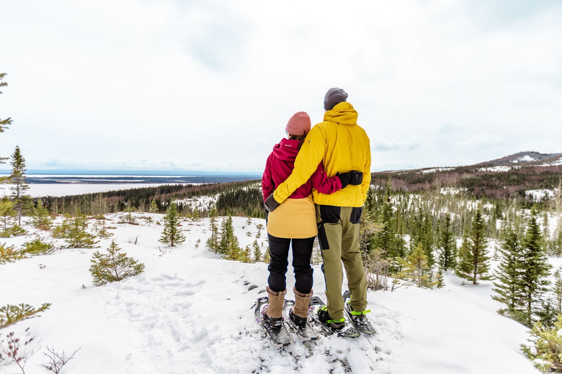 Two husky dogs are standing in the snow looking at the camera.