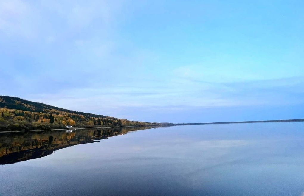 A large body of water with trees on the shore and a blue sky in the background.