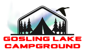 A logo for gosling lake campground with a tent and trees