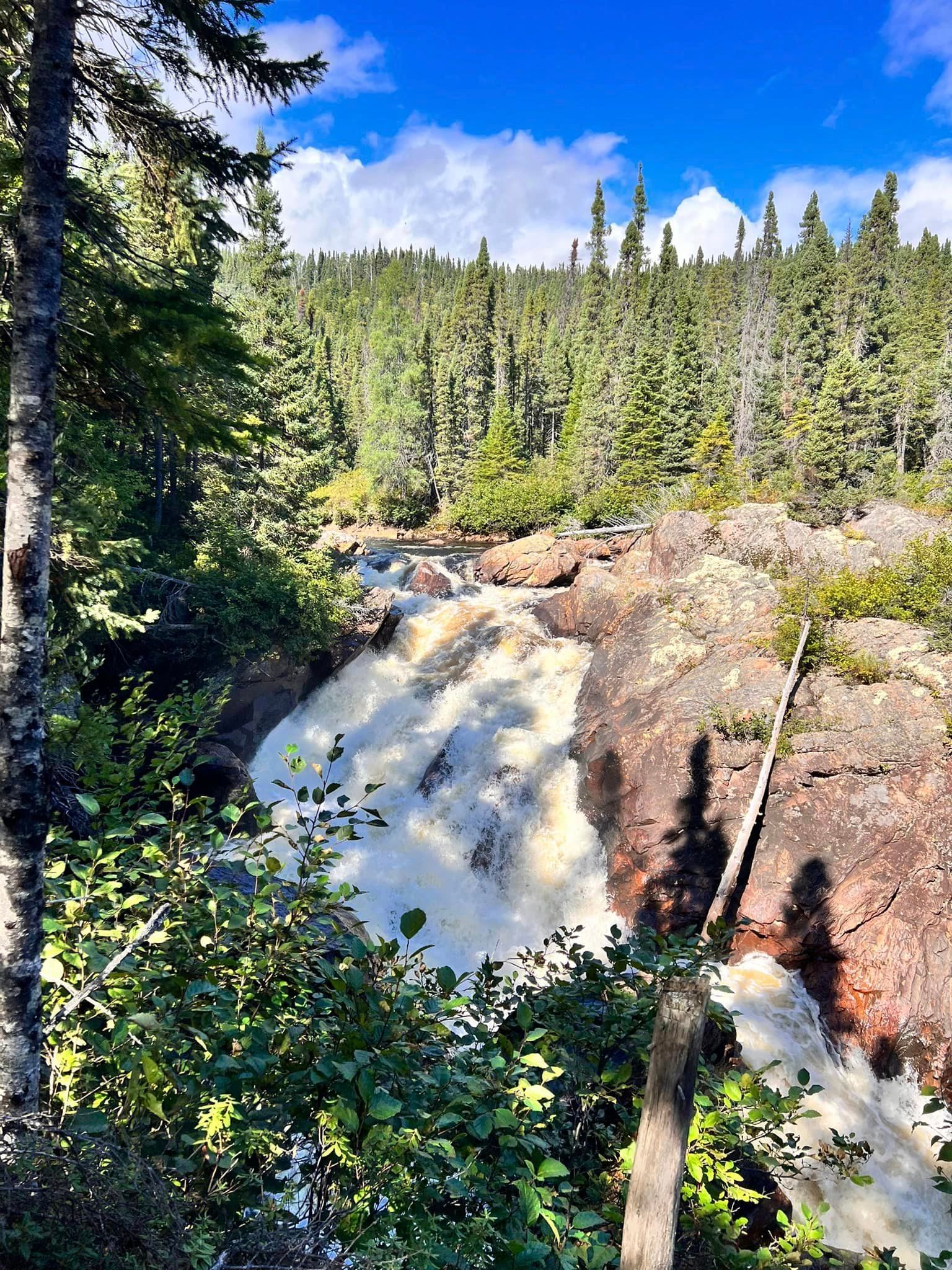A waterfall is surrounded by trees and rocks in the middle of a forest.