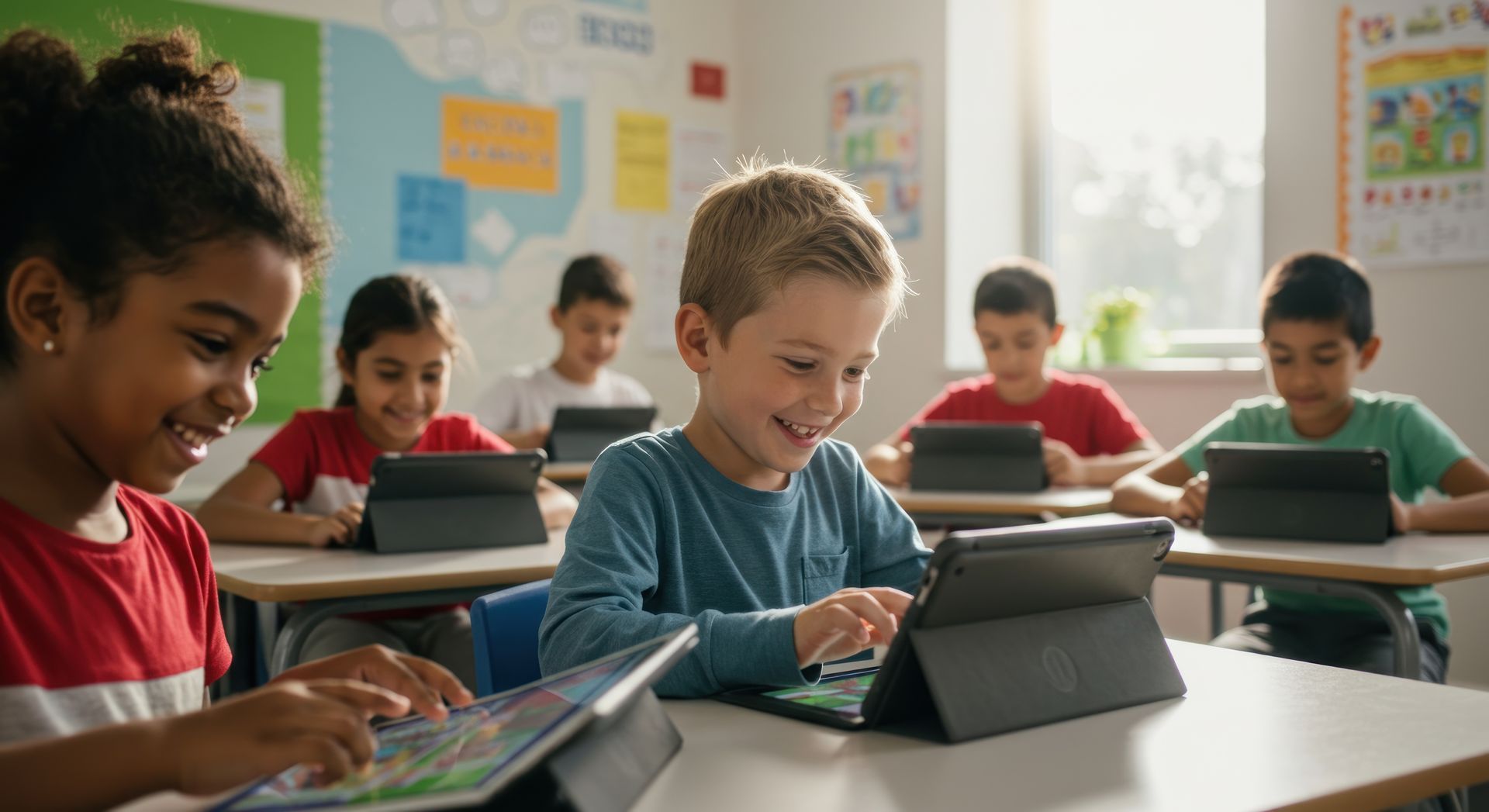 Classroom of smiling children using tablets at desks; bright room, sunny.