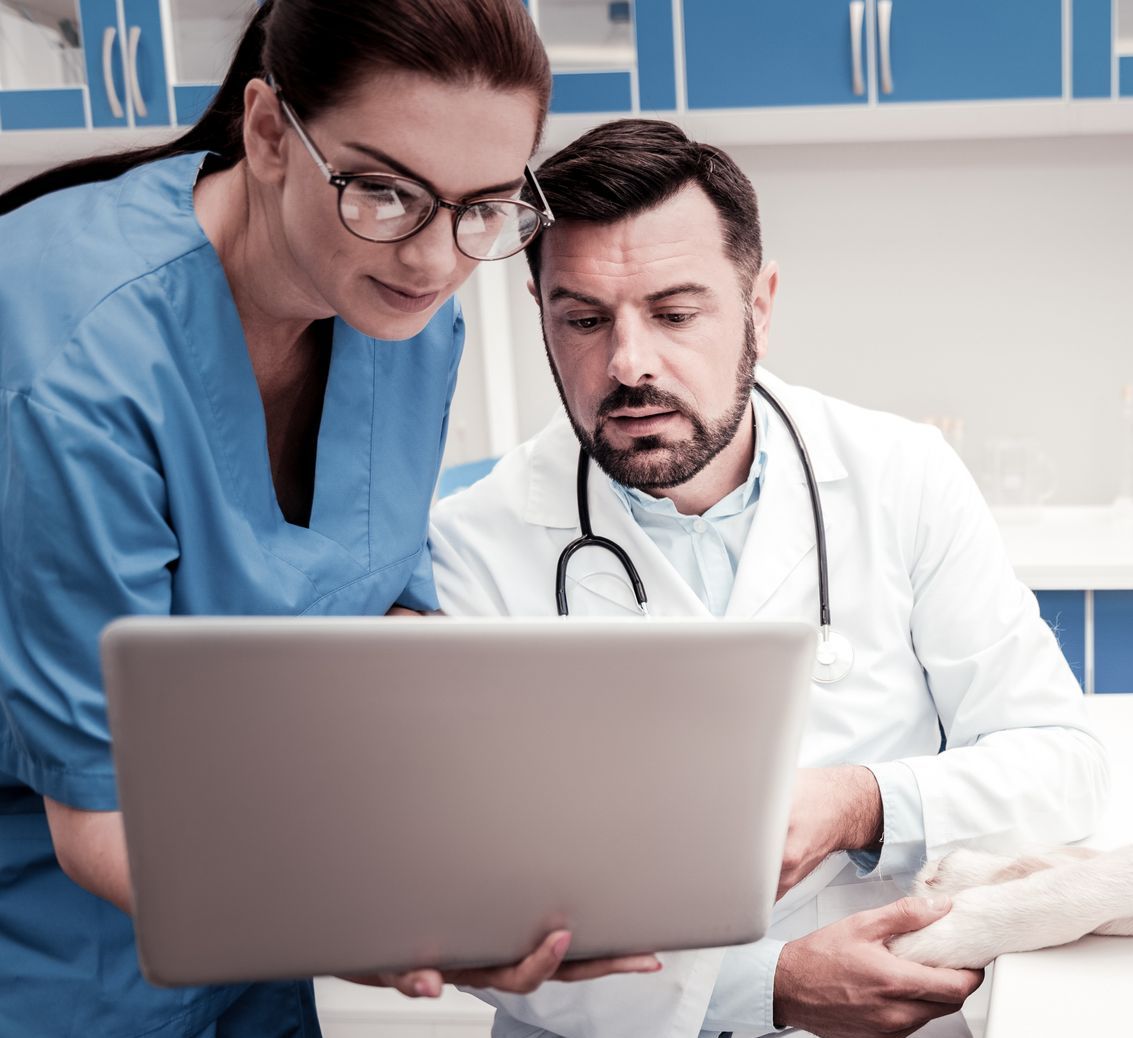 A doctor and nurse are looking at a laptop together