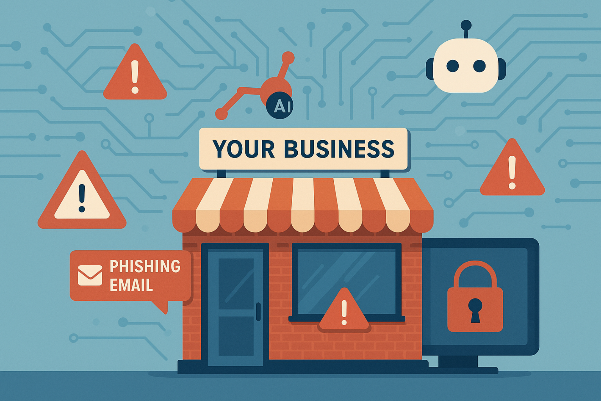 Small Grand Rapids business surrounded by digital threat icons representing AI cybersecurity attacks
