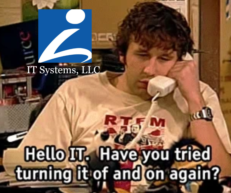 Man on phone with IT Systems logo, asking, 