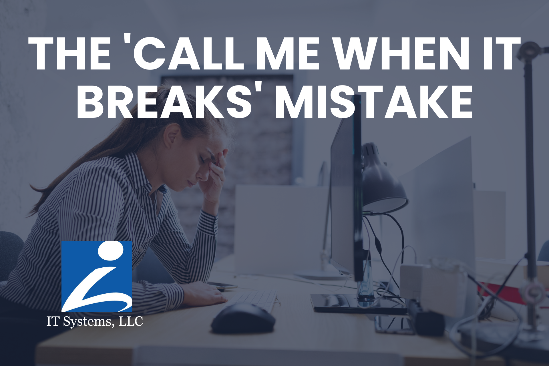 A person sits at a desk with their head in their hand, frustrated by a computer, with the text: