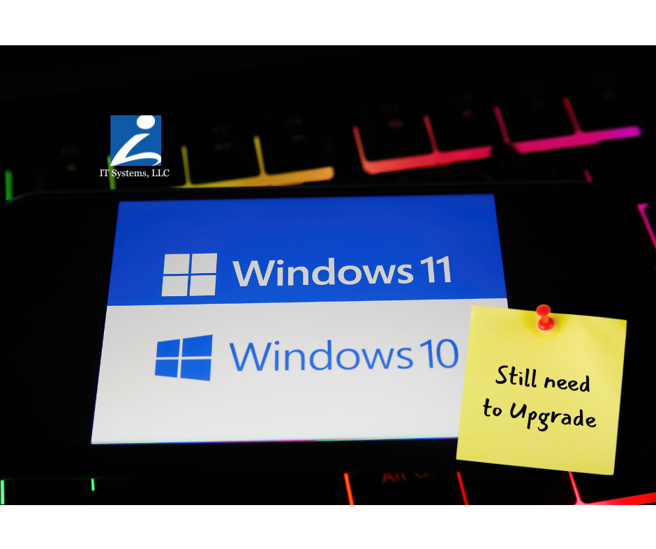 Windows 11 and 10 logos on a screen, with a yellow sticky note saying,