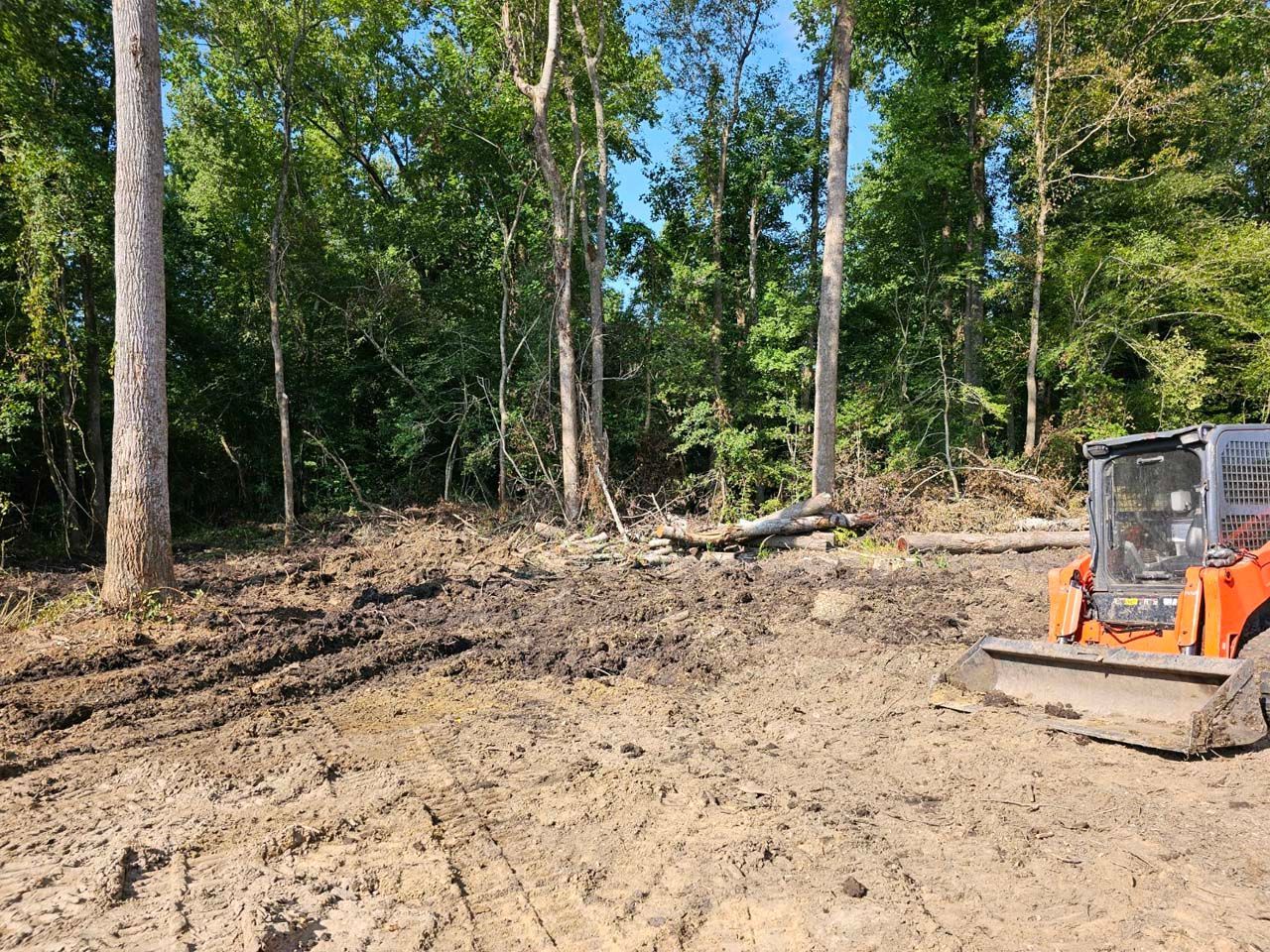 A bulldozer is sitting in the middle of a dirt field in the woods.
