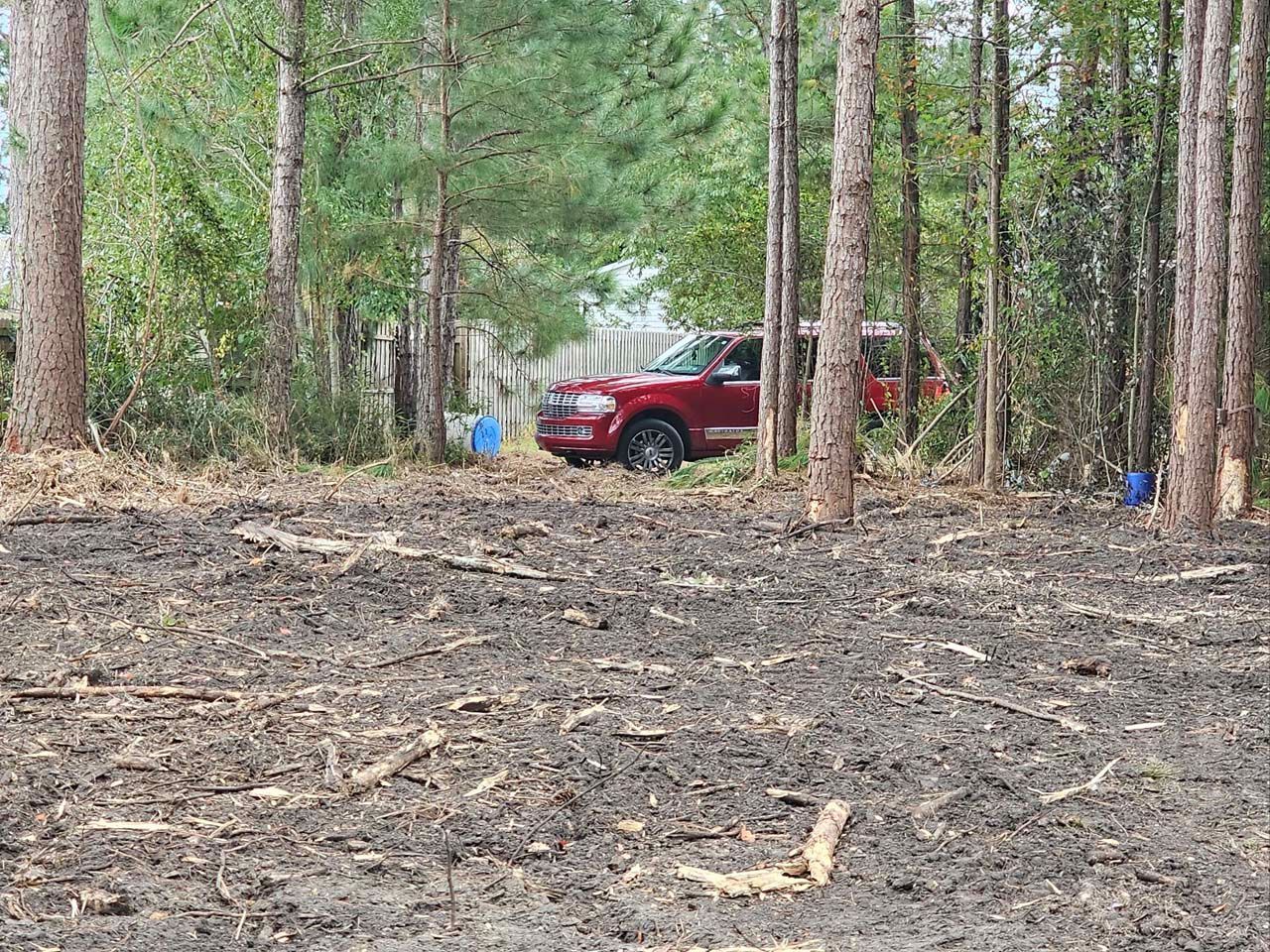 A red truck is parked in the middle of a forest.