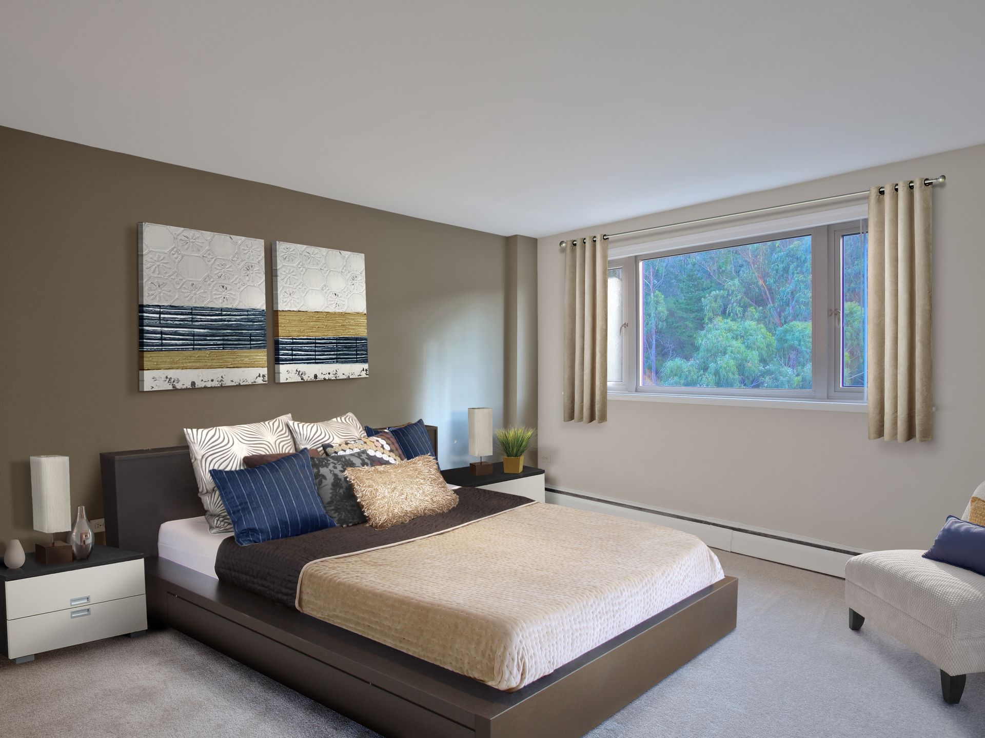 Bedroom with a bed, artwork, nightstands, chair, and window with beige and brown tones.
