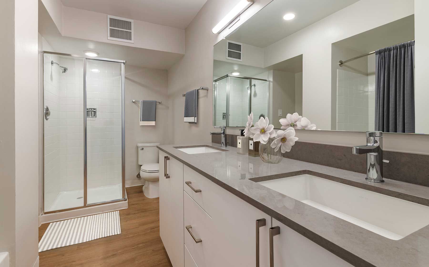 Modern bathroom with a double sink vanity, shower, and toilet.