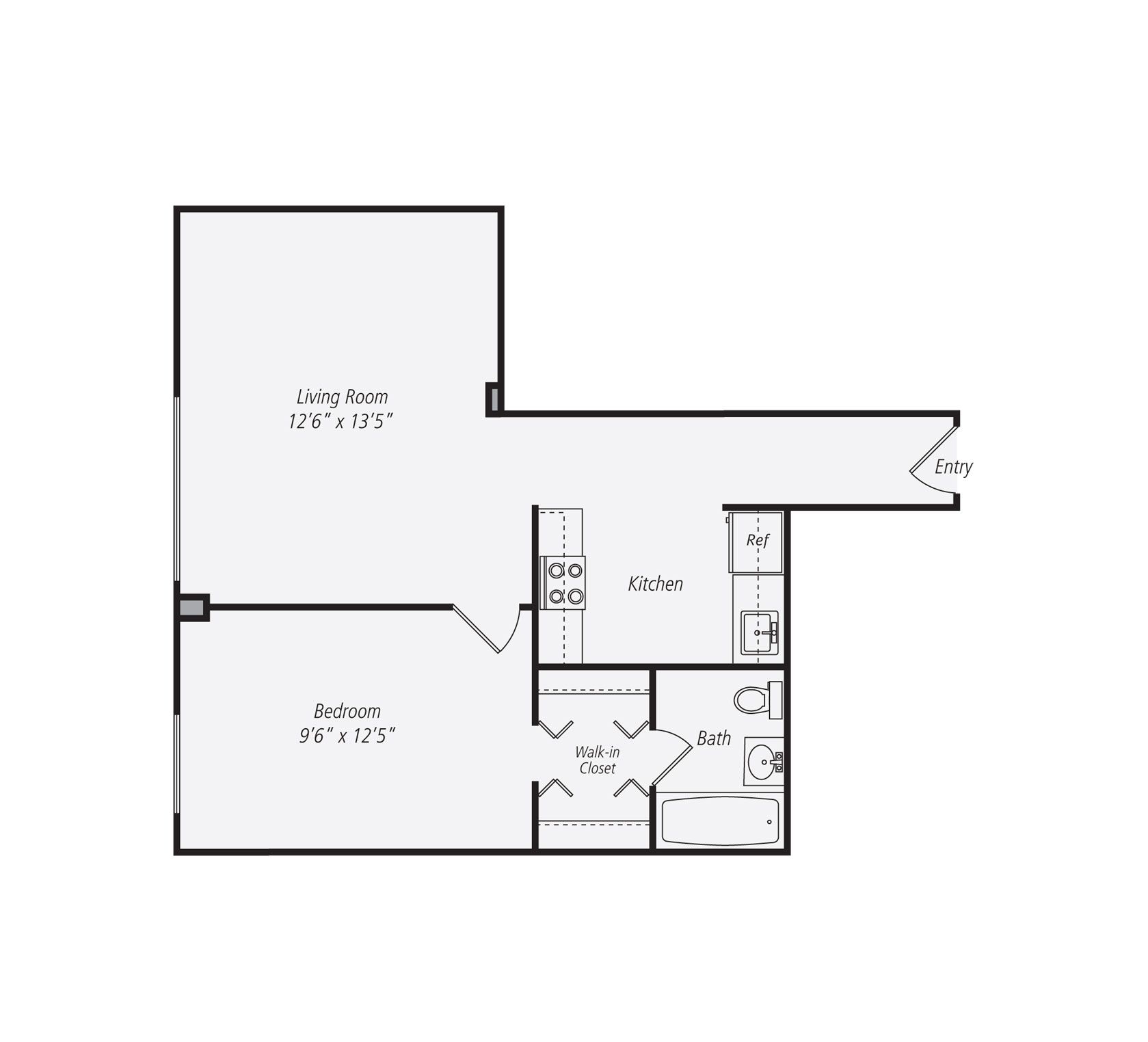 Floor plan of an apartment: living room, bedroom, kitchen, bathroom, and entry.