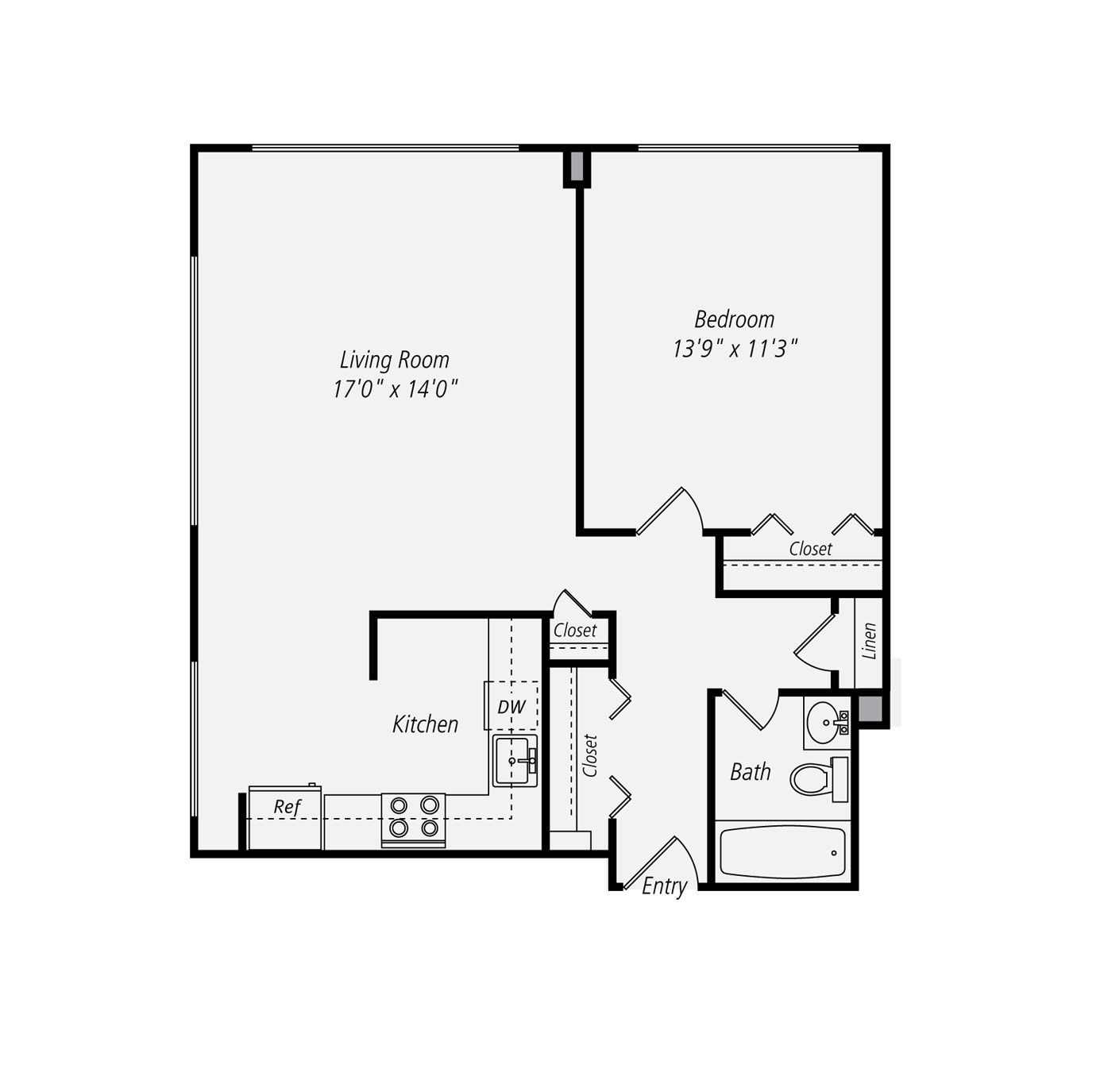 Floor plan of a one-bedroom apartment with living room, kitchen, bath, and bedroom.