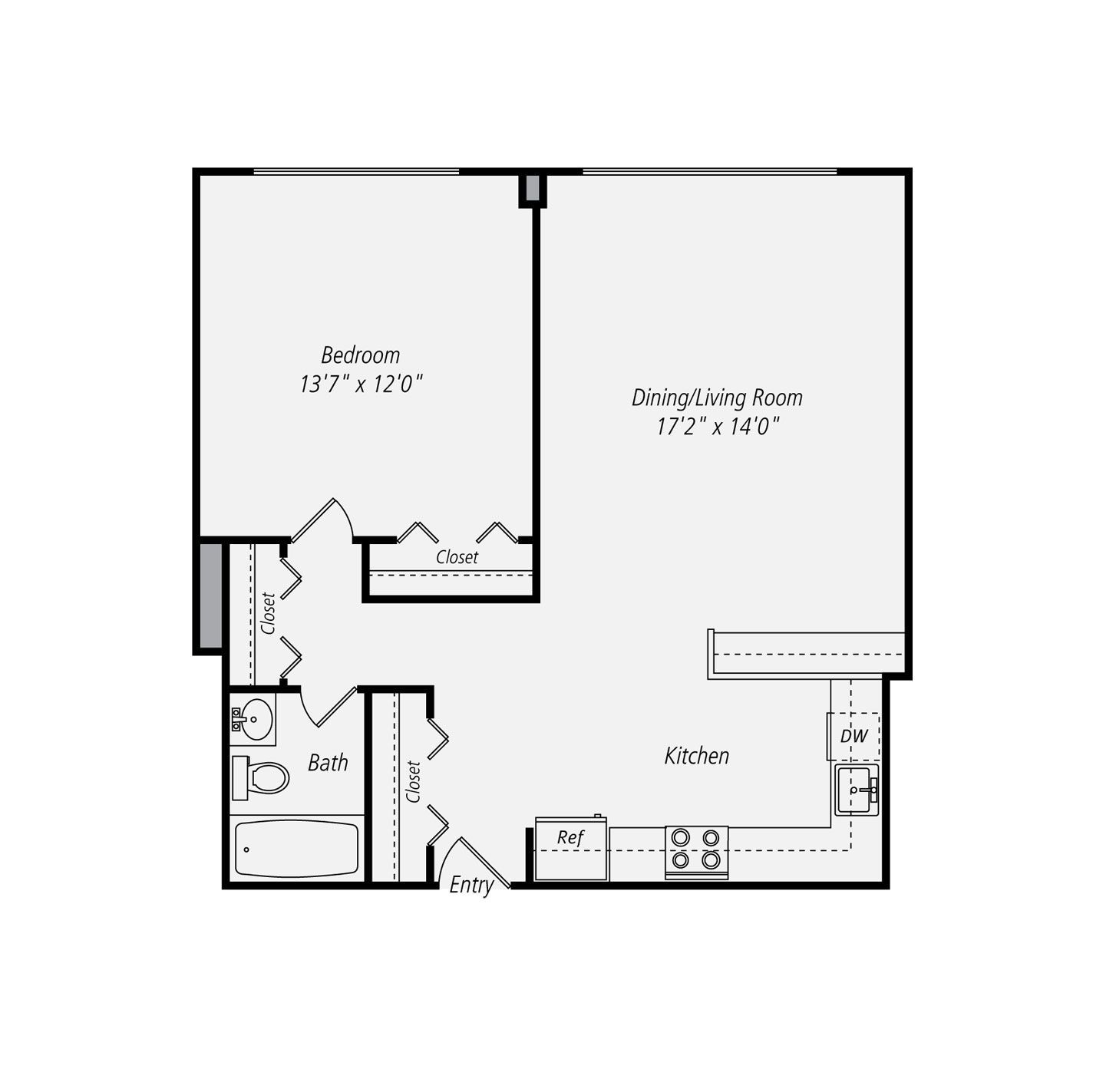 Floor plan of a one-bedroom apartment. Features bedroom, living room, kitchen, bathroom, and entry.