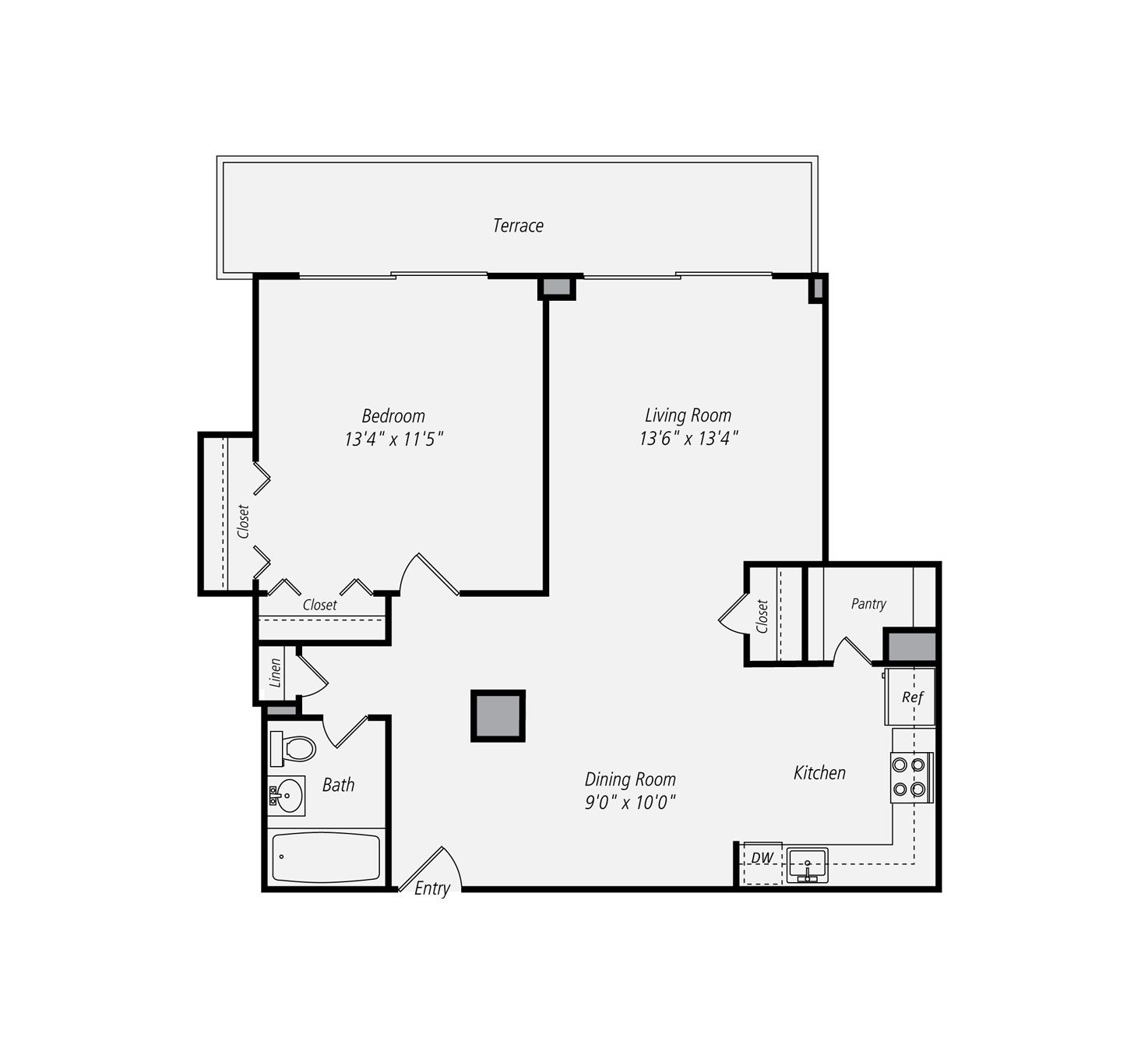 Floor plan of a one-bedroom apartment with a bedroom, living room, dining room, kitchen, and terrace.