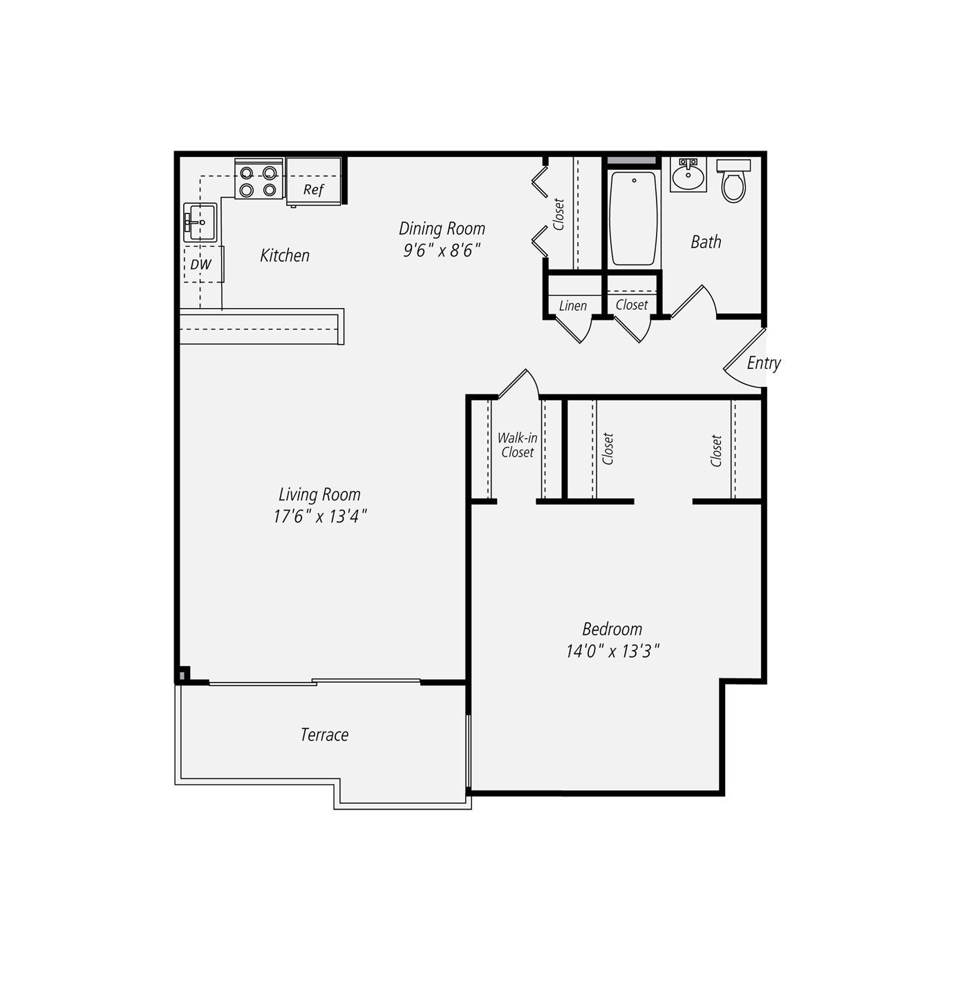 Floor plan of an apartment: living room, kitchen, bedroom, dining area, bath, closets, and terrace.