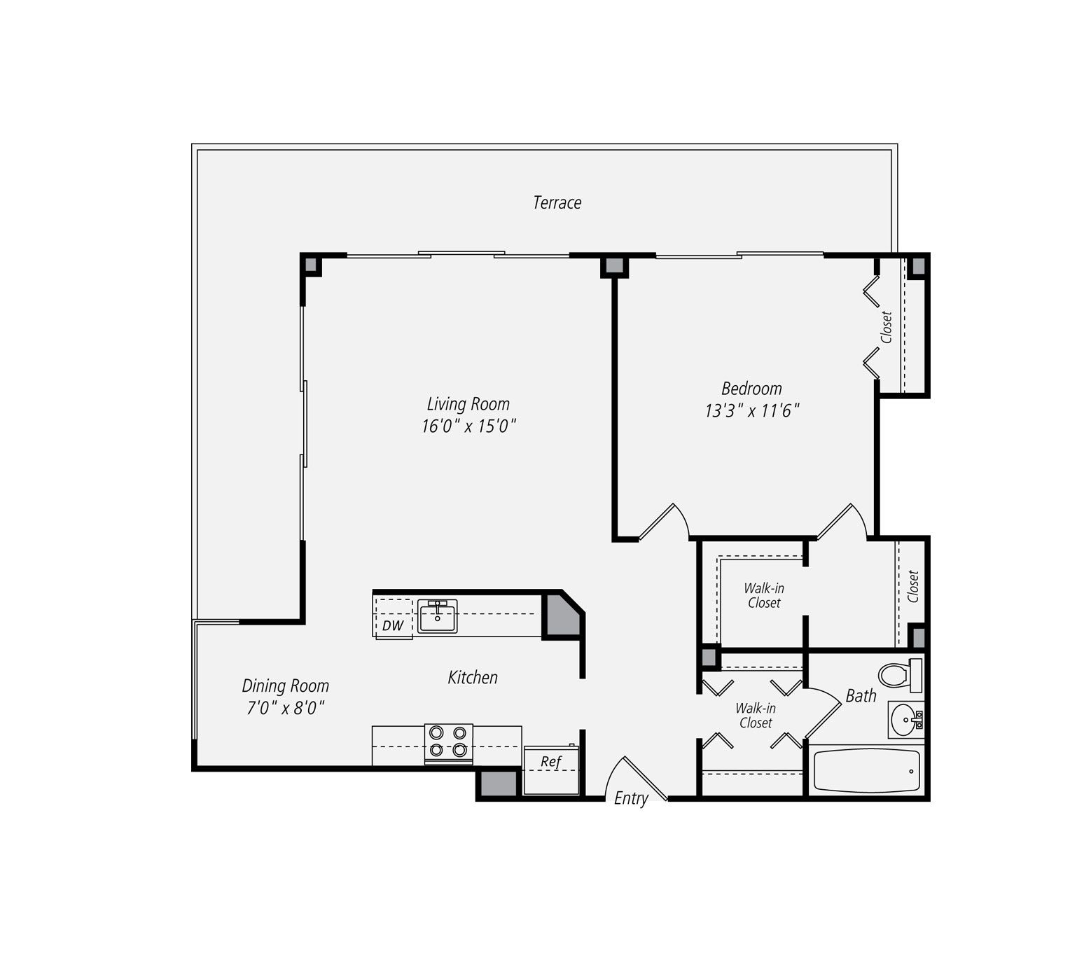 Floor plan: Apartment with living room, kitchen, bedroom, and bathroom. Includes a small terrace.