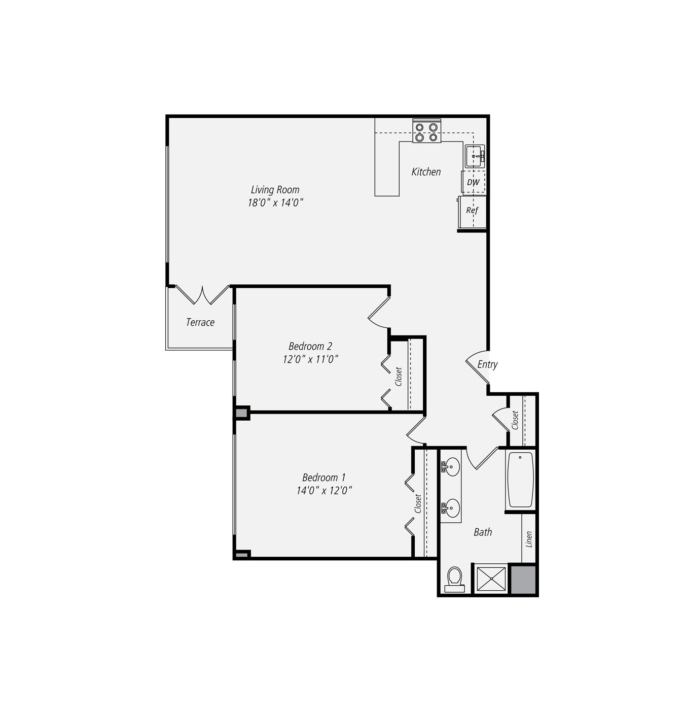 Floorplan of an apartment with two bedrooms, kitchen, living room, and bathroom.