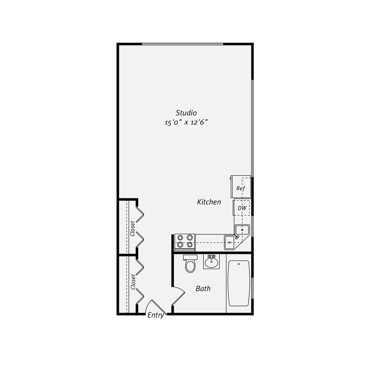Floor plan of a studio apartment with a kitchen, bathroom, closet, and living space.