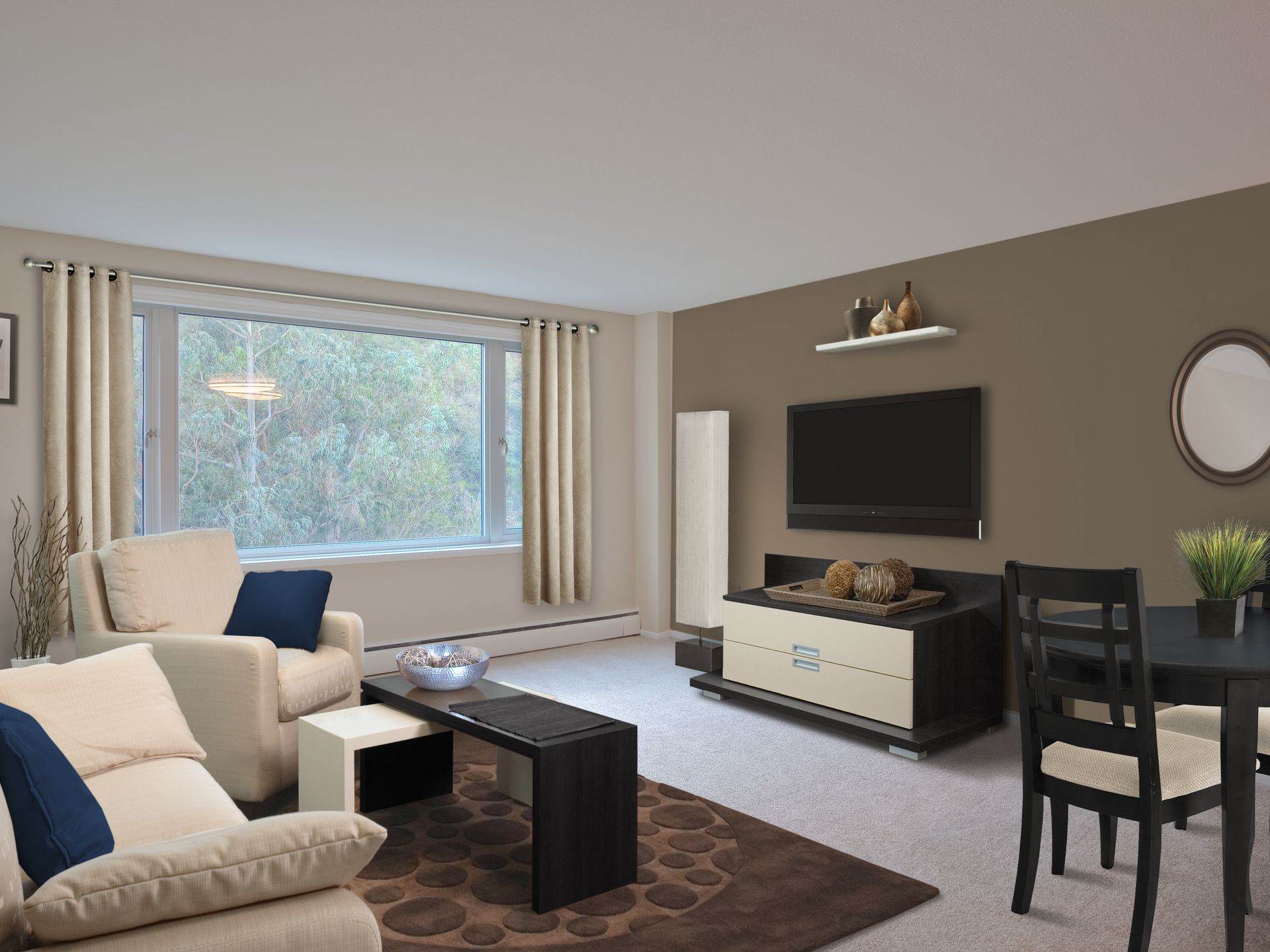 Living room with neutral tones, sofa, TV, and dining table near a window.