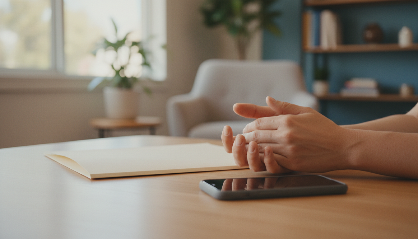 Hands clasped over a smartphone on a wooden table, paperwork, chair, and shelves in the background.