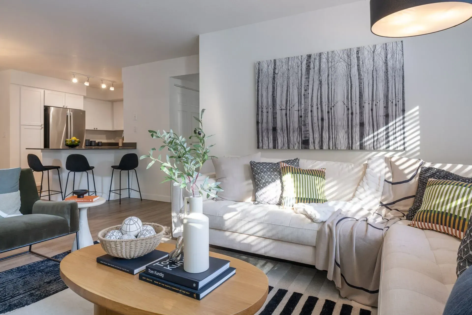 Open floor plan with a living room overlooking the kitchen, featuring a sofa, coffee table, kitchen island, and bar seating.