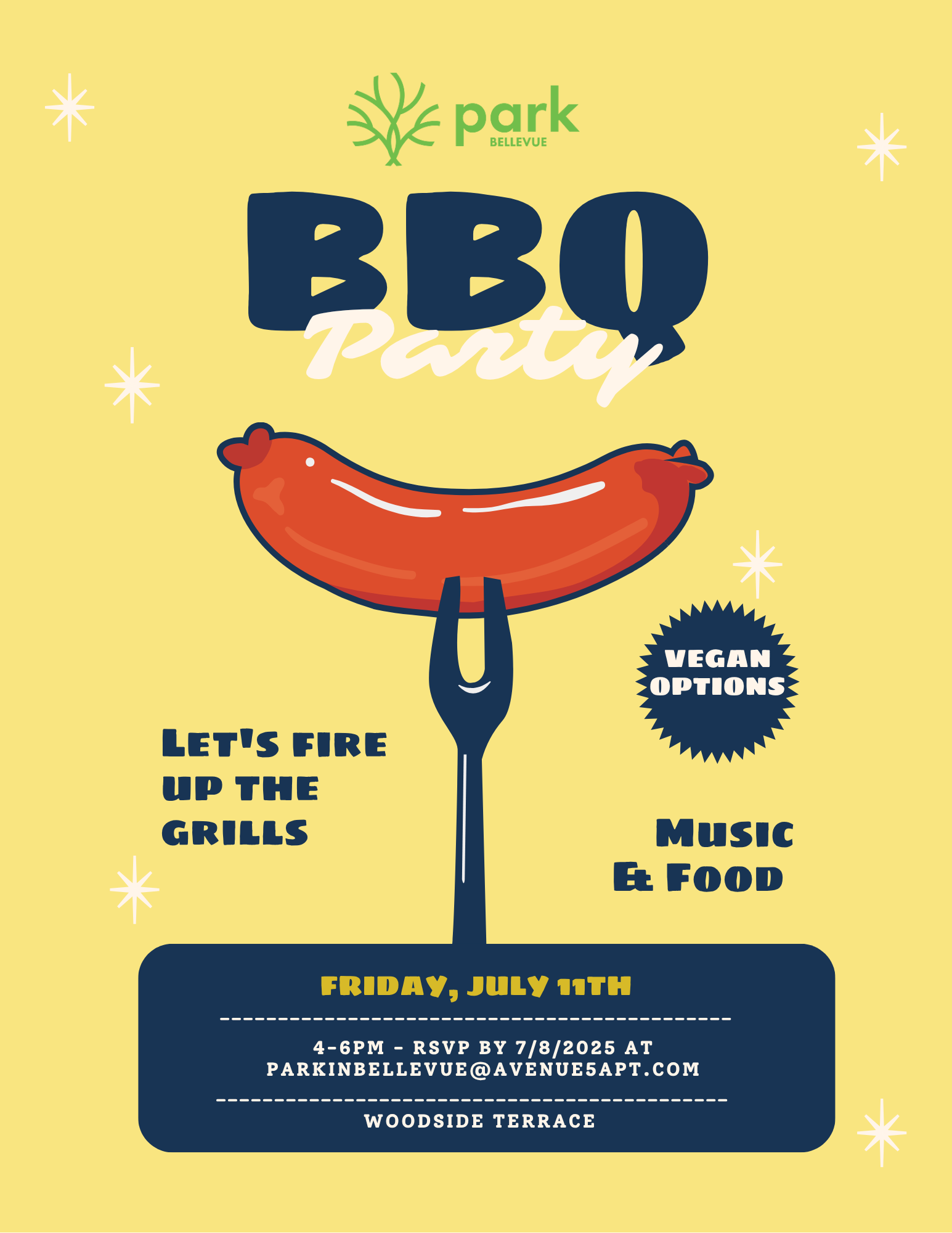 A poster for a bbq party with a sausage on a fork.