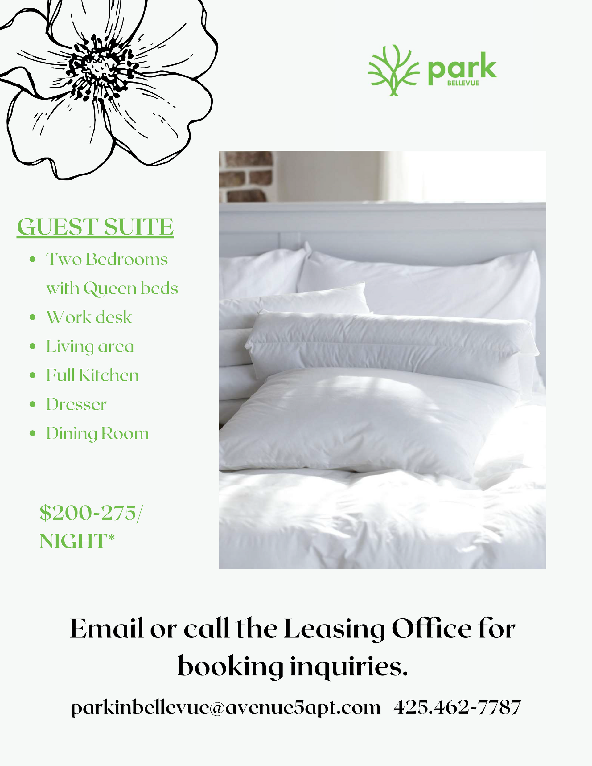 Advertisement for a guest suite. Shows a bedroom, features and price. Contact info provided.