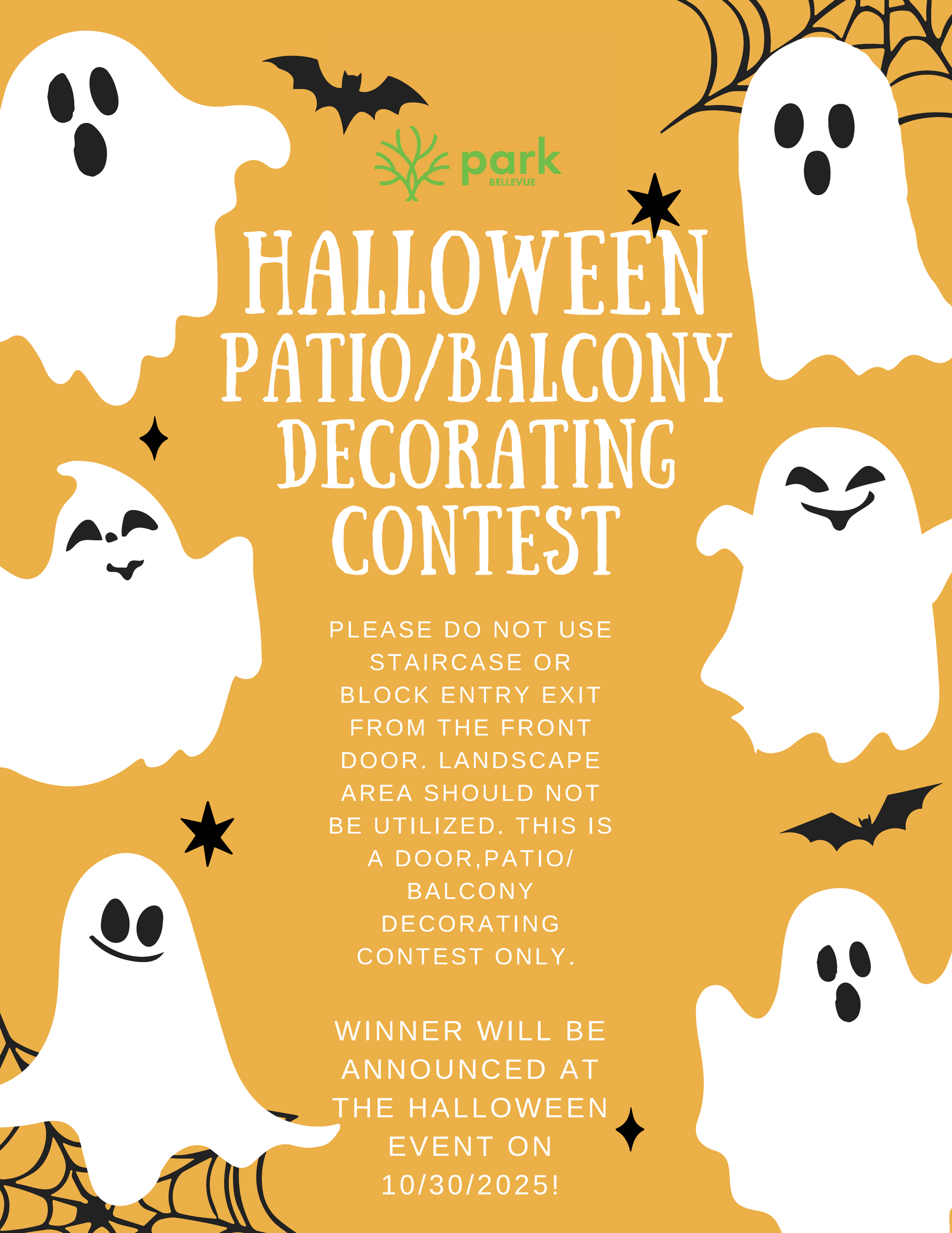 Halloween patio/balcony decorating contest flyer with ghosts, bats, and stars on an orange background.