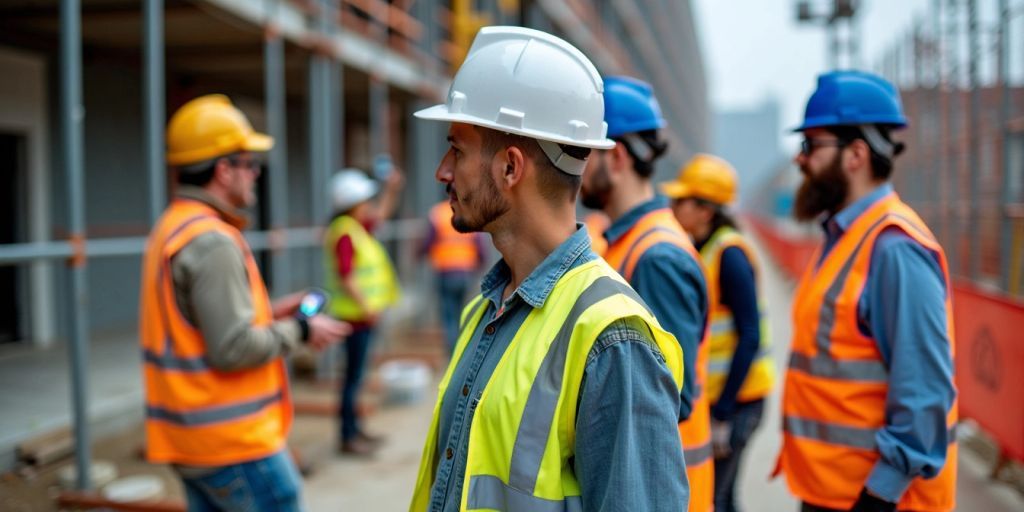 A group of site workers wearing personal protective equipment, ie: hard hats and reflective vests.