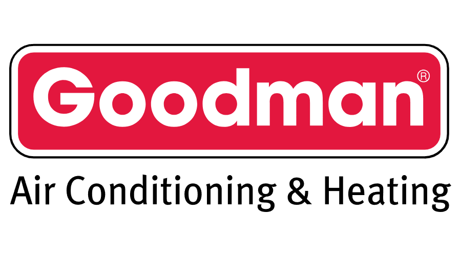 Goodman Air Conditioning & Heating logo in white text on a red rectangle, with a black border.