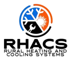 Logo for Rural Heating and Cooling Systems. Circle icon with blue snowflakes, orange sun, black wrench. RHACS in bold text.