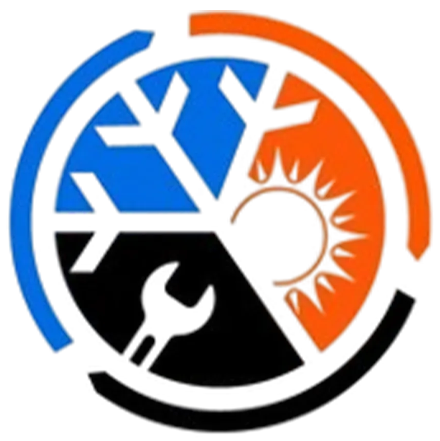 HVAC logo: Blue snowflake, orange sun, black wrench, within a blue/orange circle, representing heating and cooling services.
