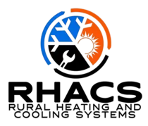 Logo for Rural Heating and Cooling Systems. Circle icon with blue snowflakes, orange sun, black wrench. RHACS in bold text.
