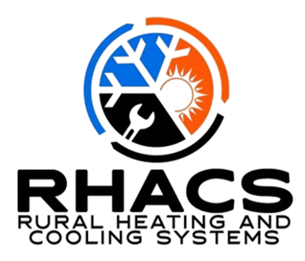 Logo for Rural Heating and Cooling Systems. Circle icon with blue snowflakes, orange sun, black wrench. RHACS in bold text.