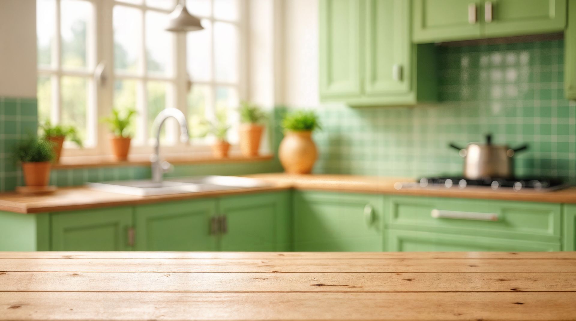 Wooden countertop in front of a light green kitchen, blurred background with window, cabinets, and stove.