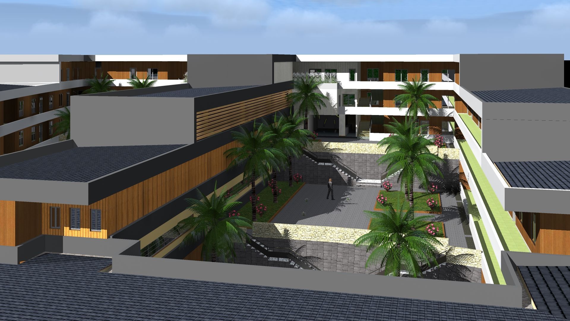 Une impression d'artiste d'un bâtiment avec des palmiers au milieu