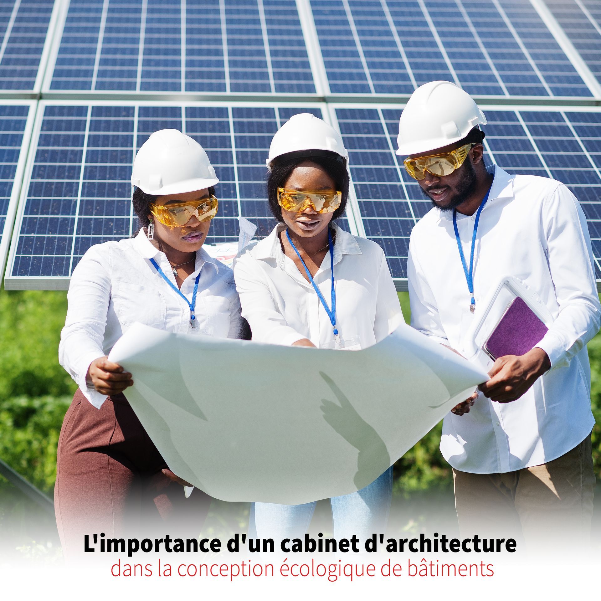 Trois personnes regardent un plan devant des panneaux solaires.