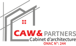 le logo du cabinet d' architecture caw & partners avec un chapeau de père noël