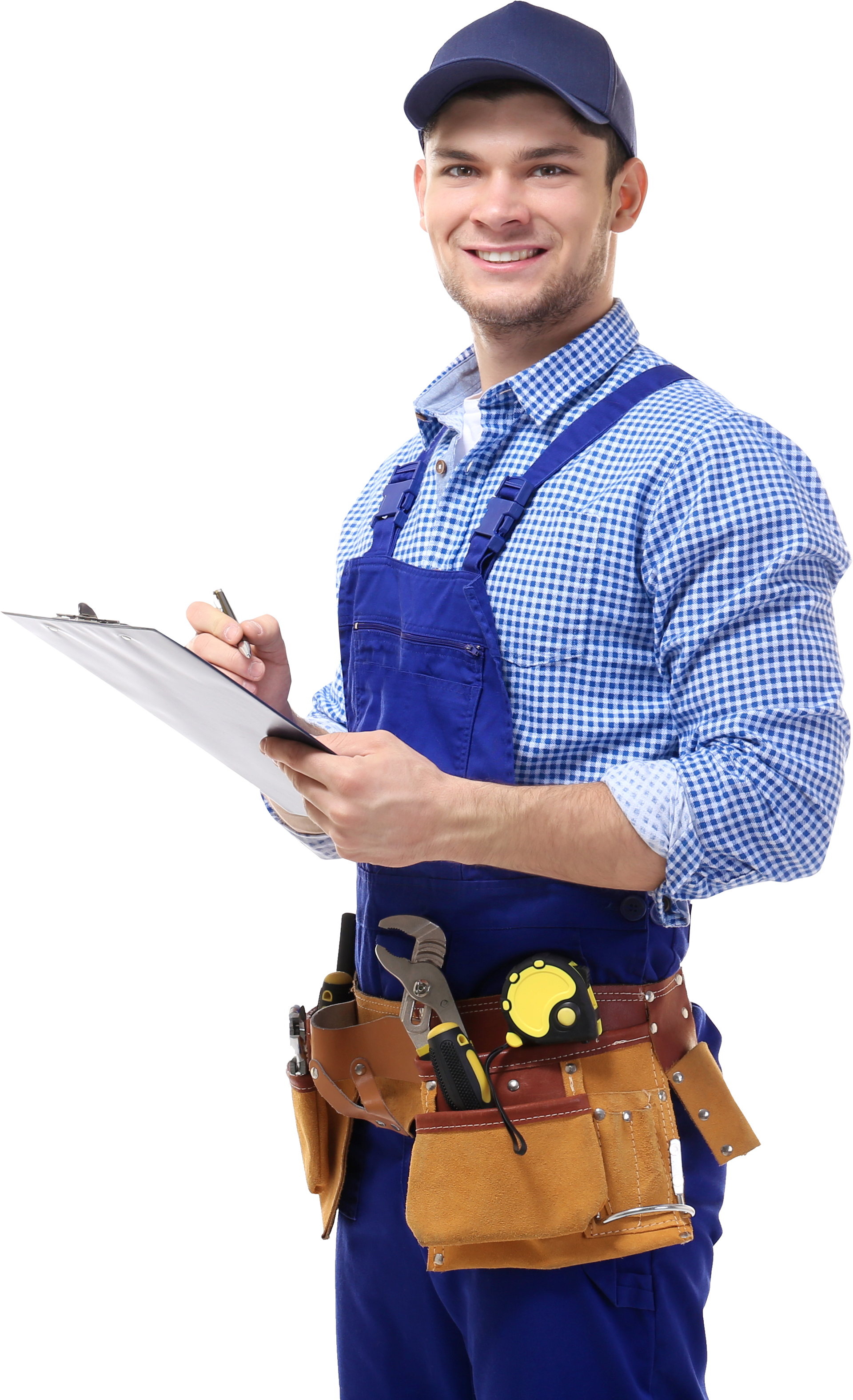 A Man in Overalls is Holding a Clipboard and Smiling