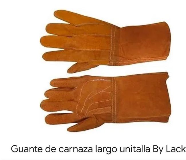 Un par de guantes de cuero marrón con las palabras gante de carnaza largo unitalla by lack debajo de ellos.