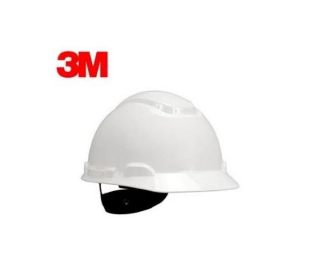 Un casco blanco 3M con una correa negra.