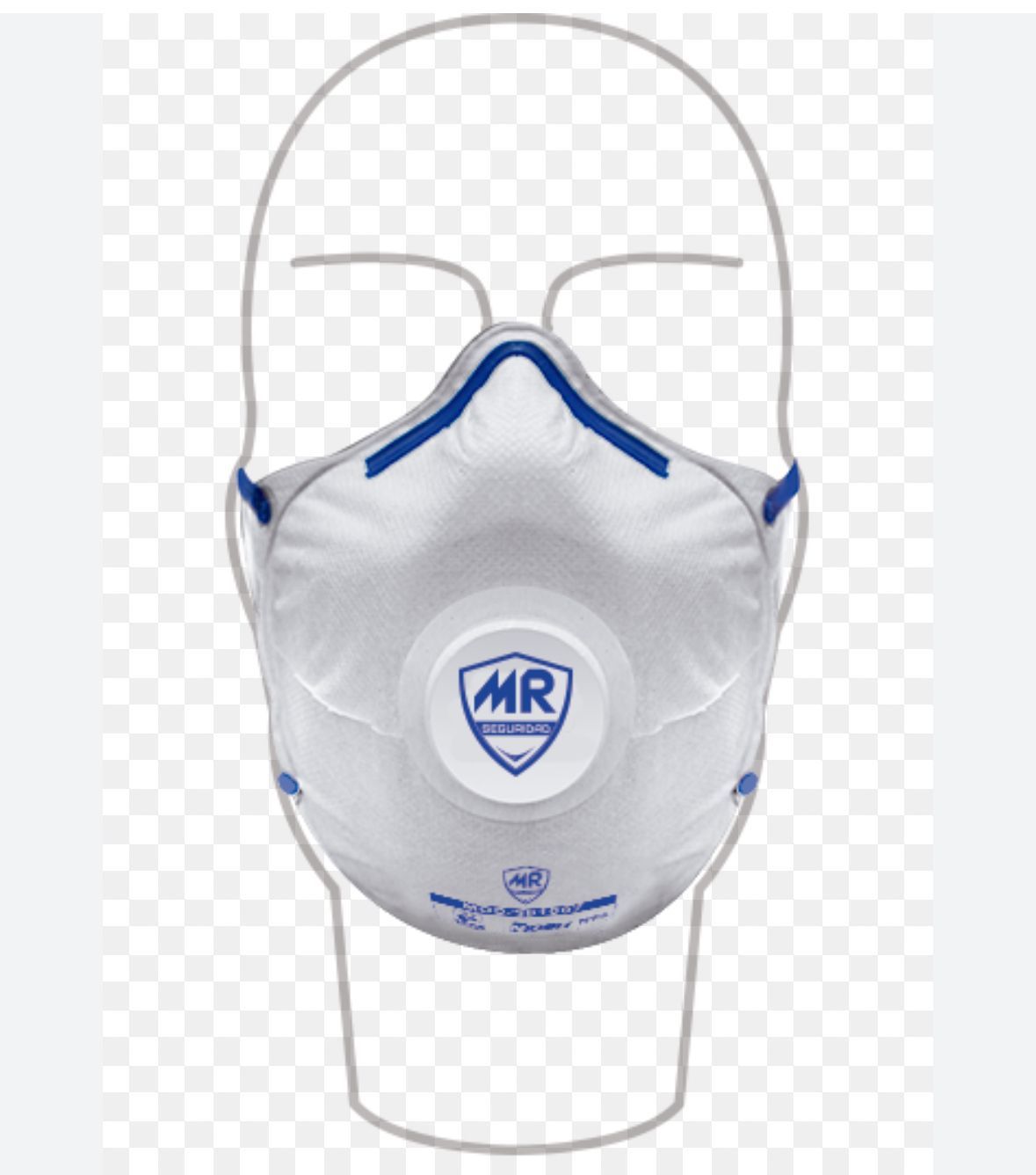 Una máscara blanca con un logotipo azul está sobre la cabeza de un maniquí.