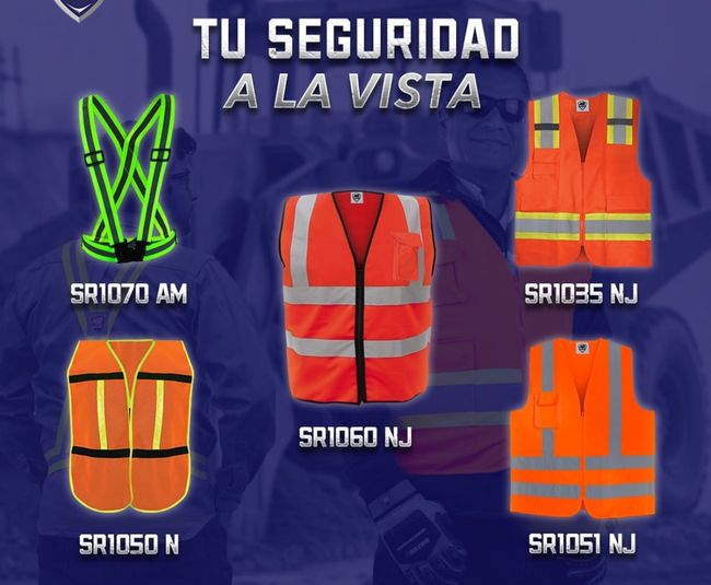 Los chalecos de seguridad se exhiben en un cartel que dice 