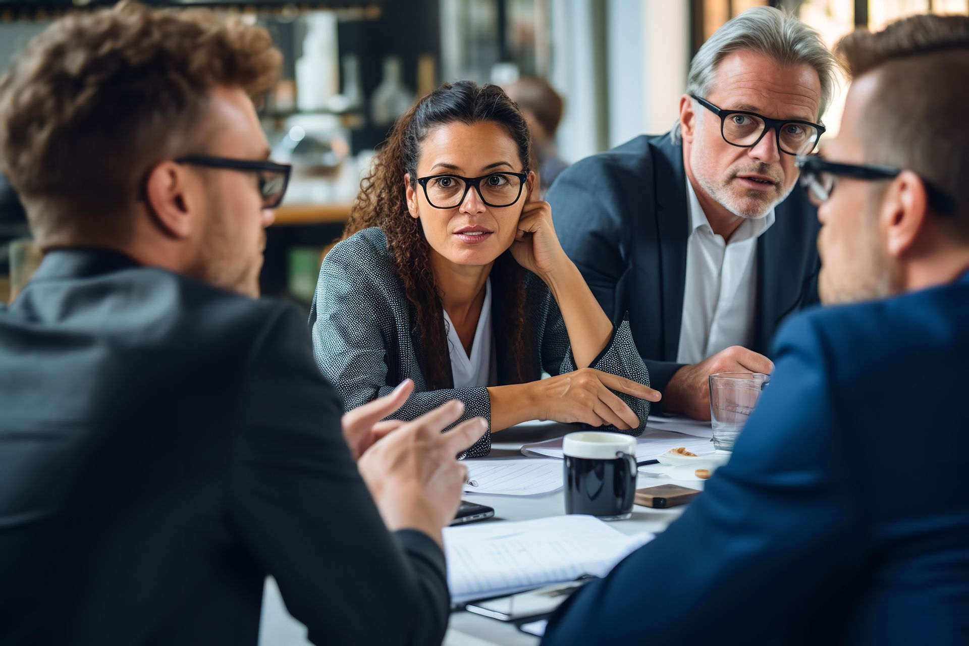 Quatre personnes en tenue de travail, assises à une table, discutent attentivement. Une femme regarde fixement l'orateur.