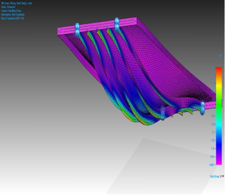 Modèle 3D d'une structure avec visualisation colorée des contraintes. Les zones violettes/bleues indiquent des contraintes faibles, tandis que les zones vertes/jaunes indiquent des contraintes élevées.