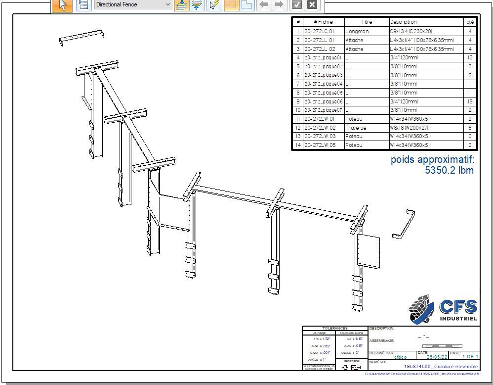 Vue isométrique d'une structure métallique avec sa nomenclature. La structure comprend des poutres, des supports et des composants associés.